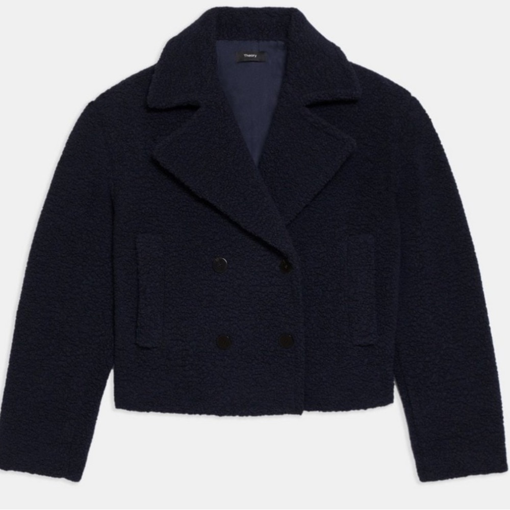 NWT Theory Cropped Faux Fur Pea Coat Dark Navy Blue Teddy Fleece Large